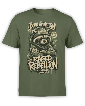 Green raccoon t-shirt with crowned character in sunglasses, beanie, hoodie, and bold rebellion lettering