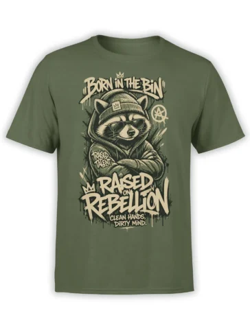 Green raccoon t-shirt with crowned character in sunglasses, beanie, hoodie, and bold rebellion lettering