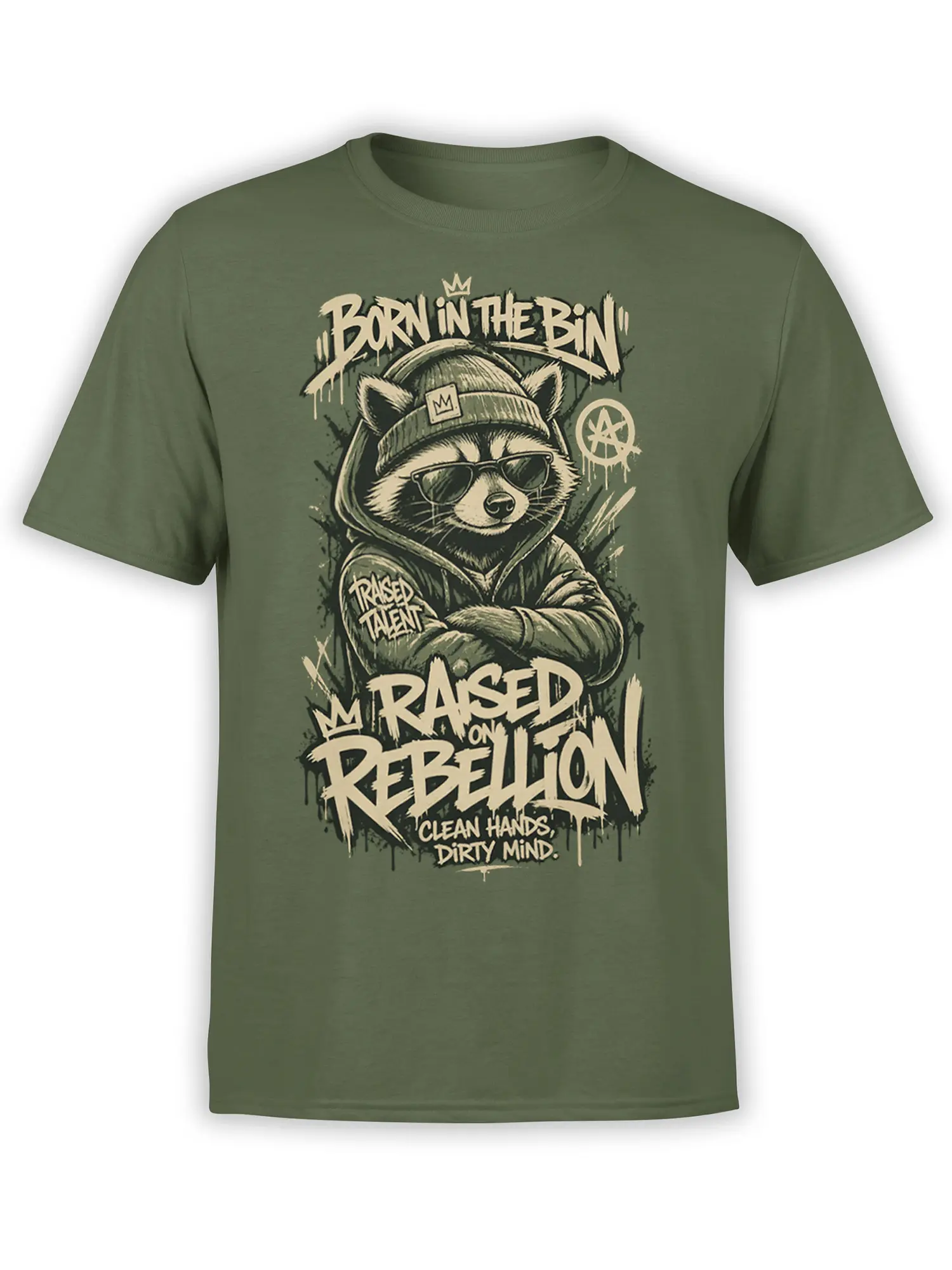 Green raccoon t-shirt with crowned character in sunglasses, beanie, hoodie, and bold rebellion lettering