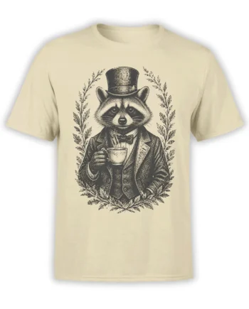 Dapper raccoon in a top hat holding tea on a beige vintage animal graphic T-shirt
