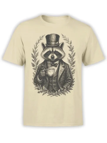 Dapper raccoon in a top hat holding tea on a beige vintage animal graphic T-shirt