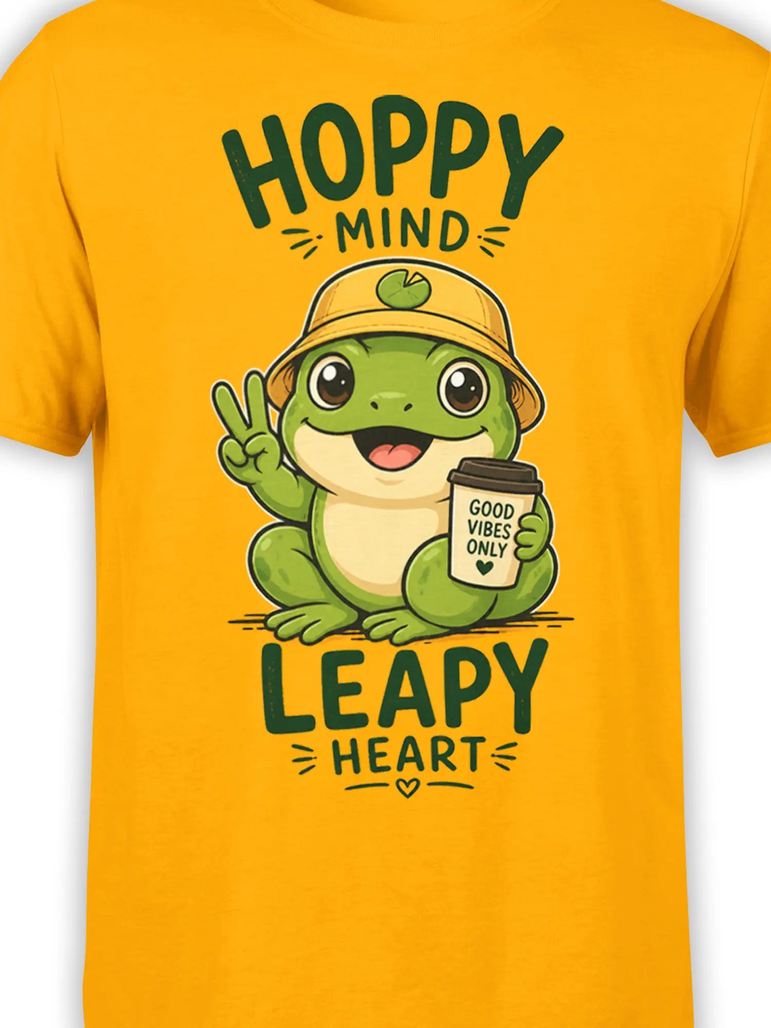 Close-up of cheerful frog graphic with coffee cup and Hoppy Mind lettering on yellow shirt