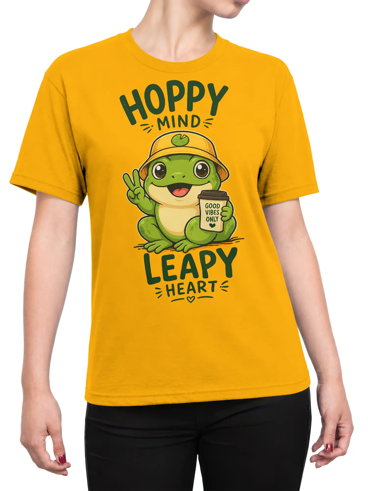 Female torso wearing a yellow frog T-shirt with Good Vibes Only coffee cup design