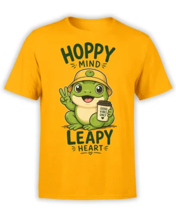 Yellow frog T-shirt with a bucket-hat frog, coffee cup, peace sign, and Hoppy Mind message