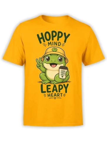 Yellow frog T-shirt with a bucket-hat frog, coffee cup, peace sign, and Hoppy Mind message