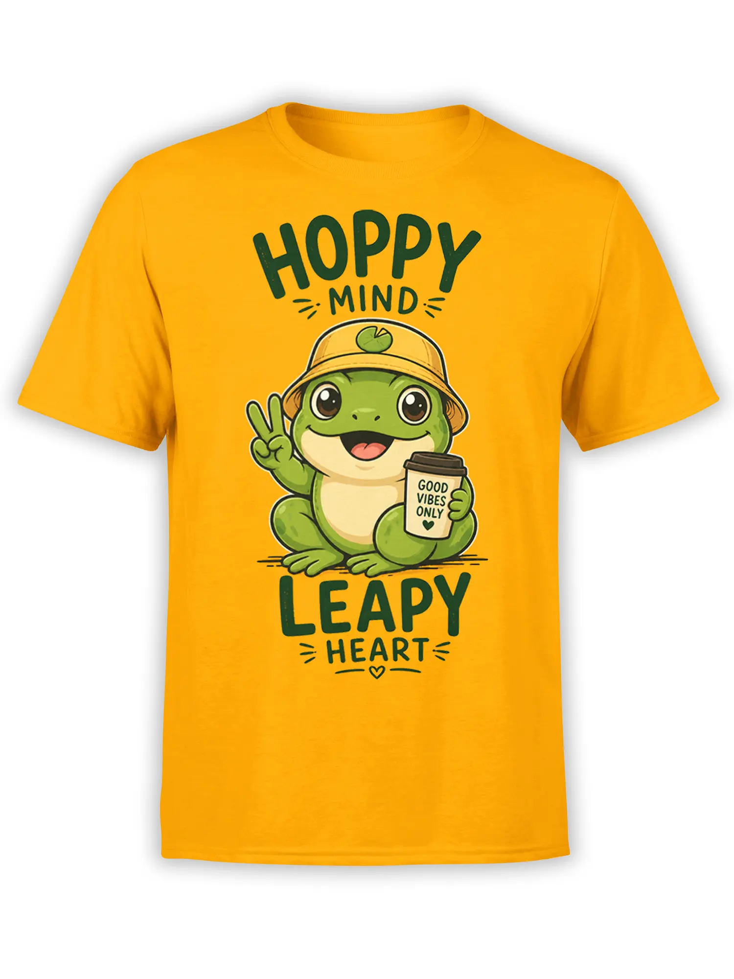 Yellow frog T-shirt with a bucket-hat frog, coffee cup, peace sign, and Hoppy Mind message