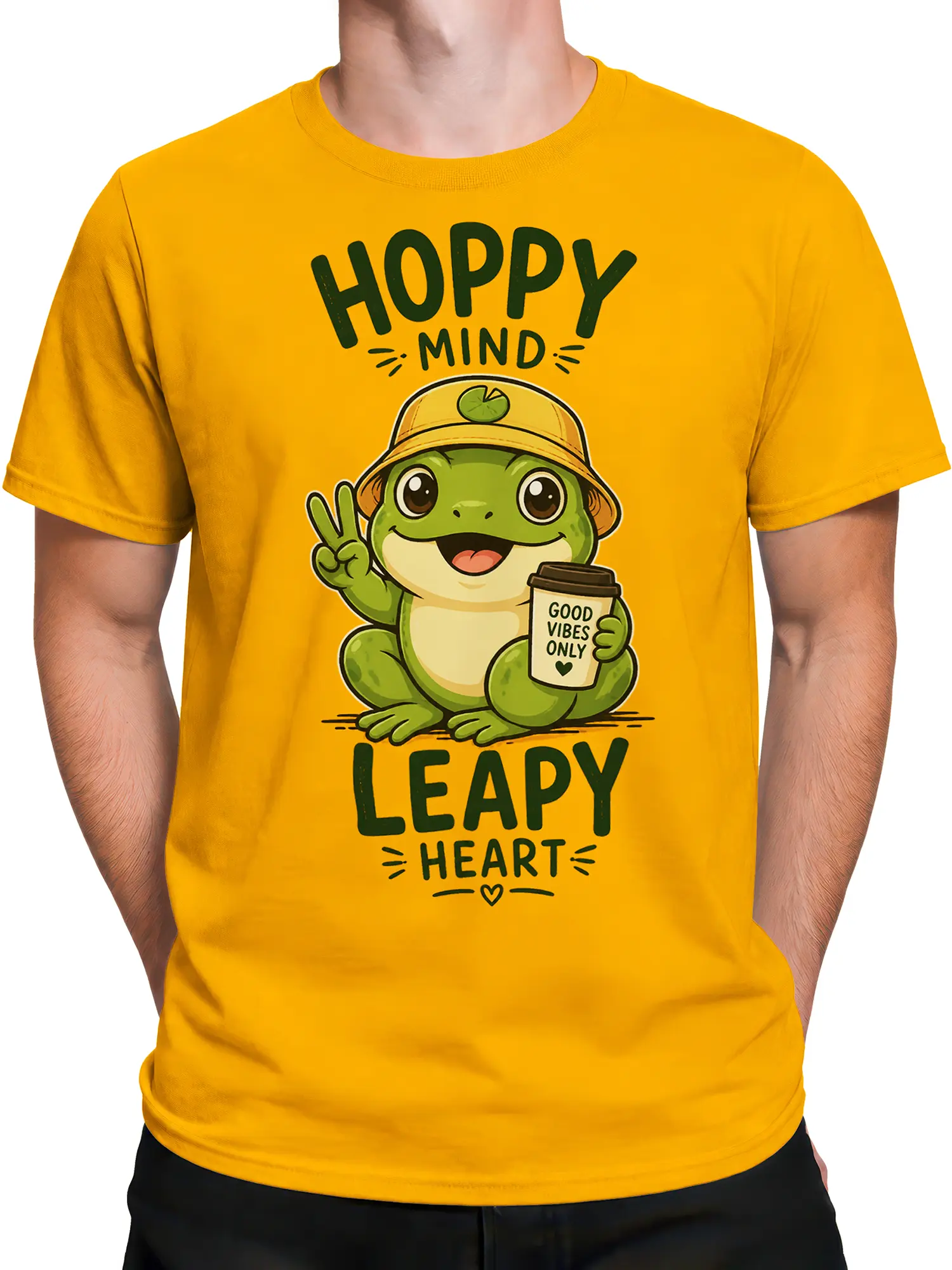 Male torso wearing yellow frog T-shirt with Leapy Heart and Good Vibes Only design