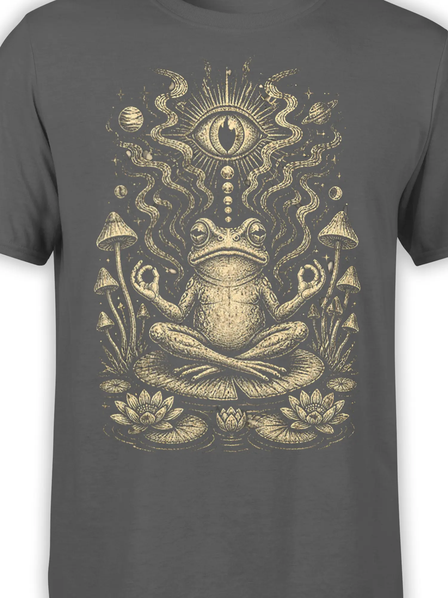 Close-up of meditating frog fantasy artwork with cosmic symbols and lotus flowers on a gray T-shirt