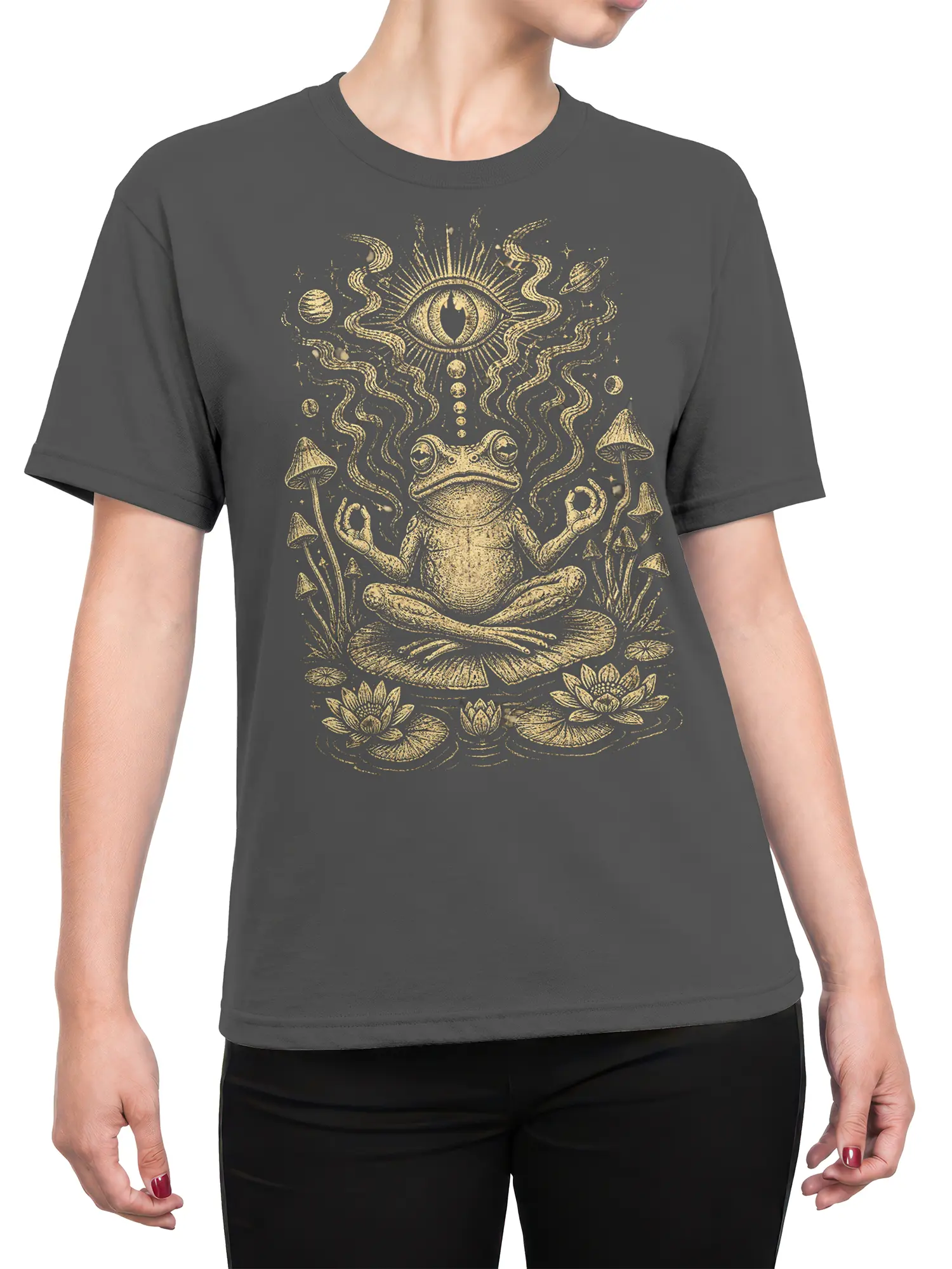 Female torso wearing a gray frog fantasy T-shirt with mushrooms, lotus flowers, planets, and a radiant eye