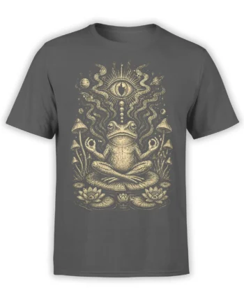 Gray T-shirt with a meditating frog, radiant eye, mushrooms, lotus flowers, stars, and planets