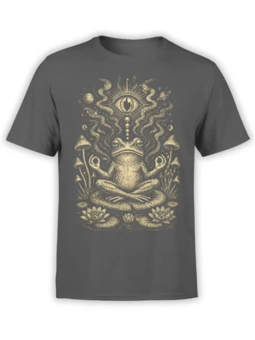 Gray T-shirt with a meditating frog, radiant eye, mushrooms, lotus flowers, stars, and planets