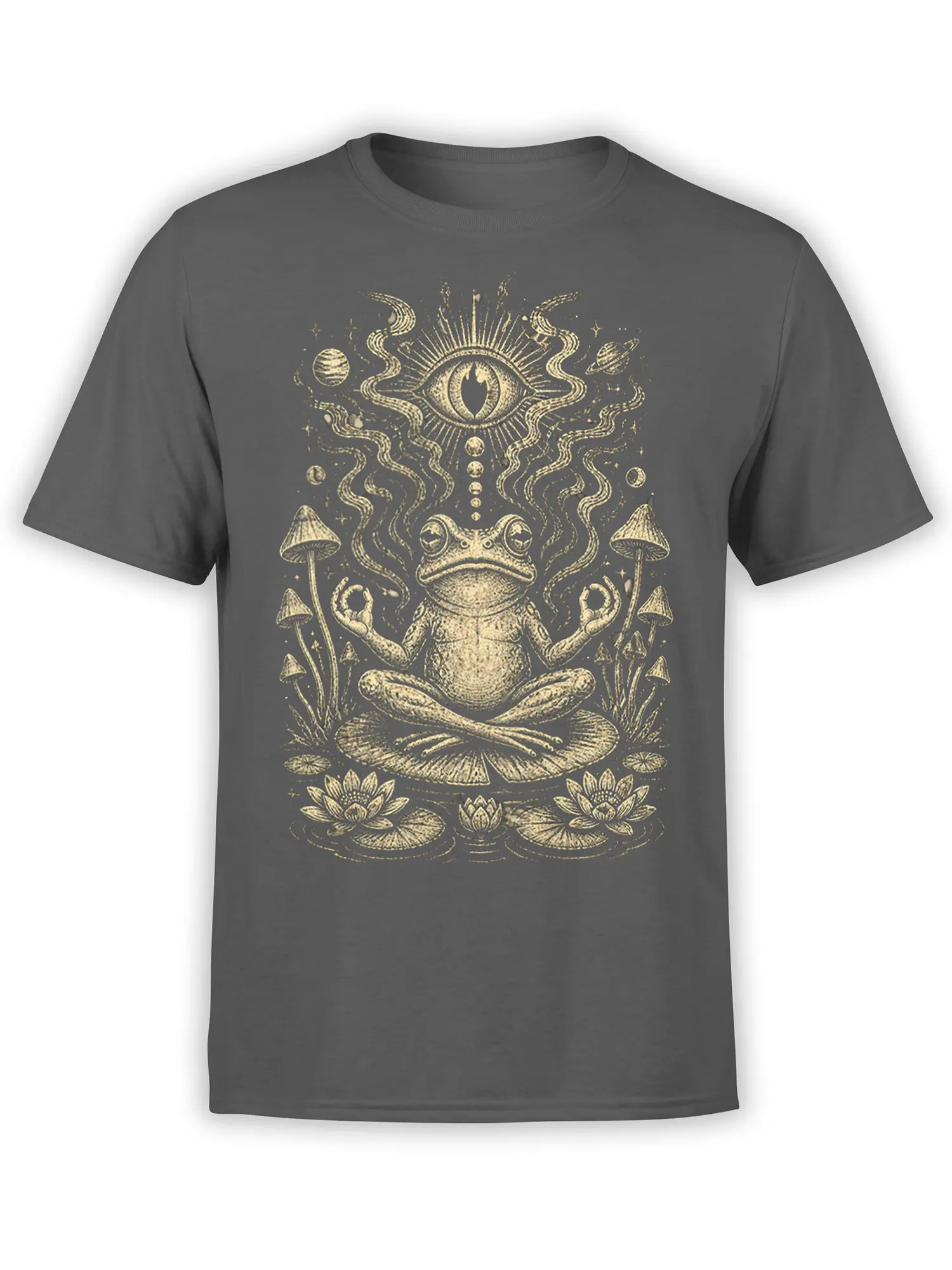 Gray T-shirt with a meditating frog, radiant eye, mushrooms, lotus flowers, stars, and planets
