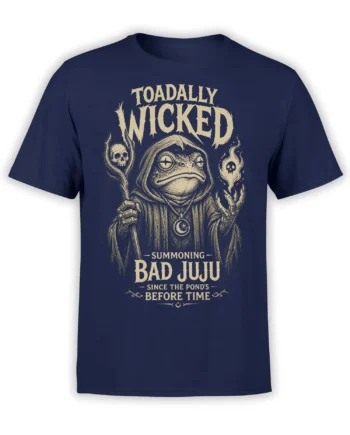 Hooded toad summoning bad juju with skull flames on a navy frog T-shirt