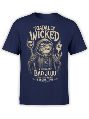 Hooded toad summoning bad juju with skull flames on a navy frog T-shirt