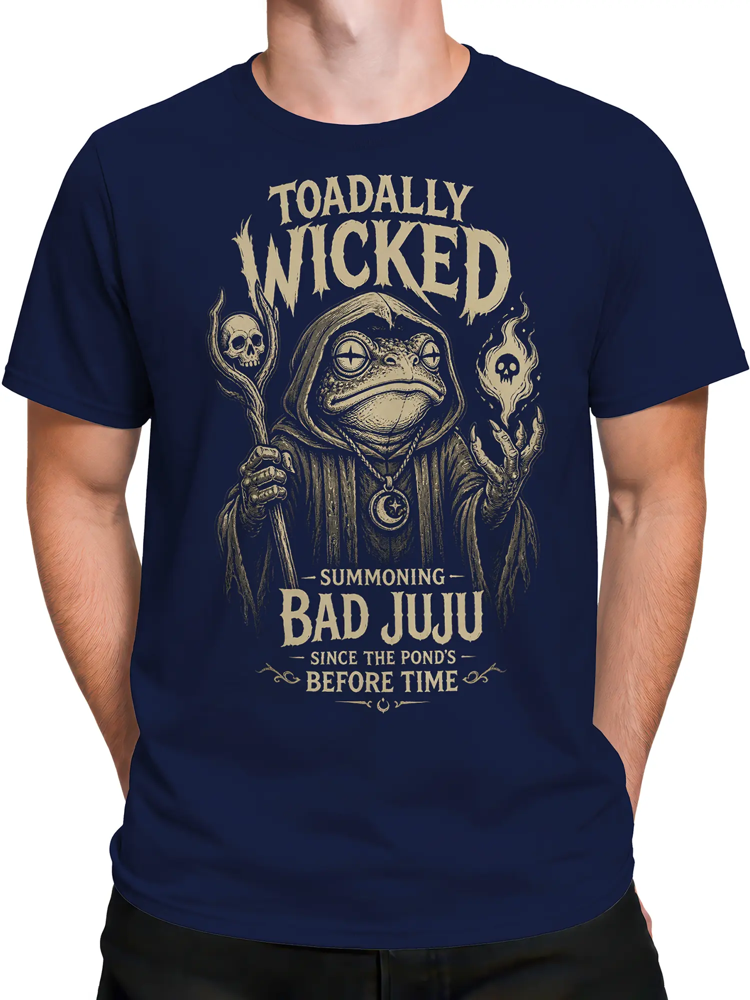 Male torso wearing a navy frog T-shirt with wicked hooded toad artwork
