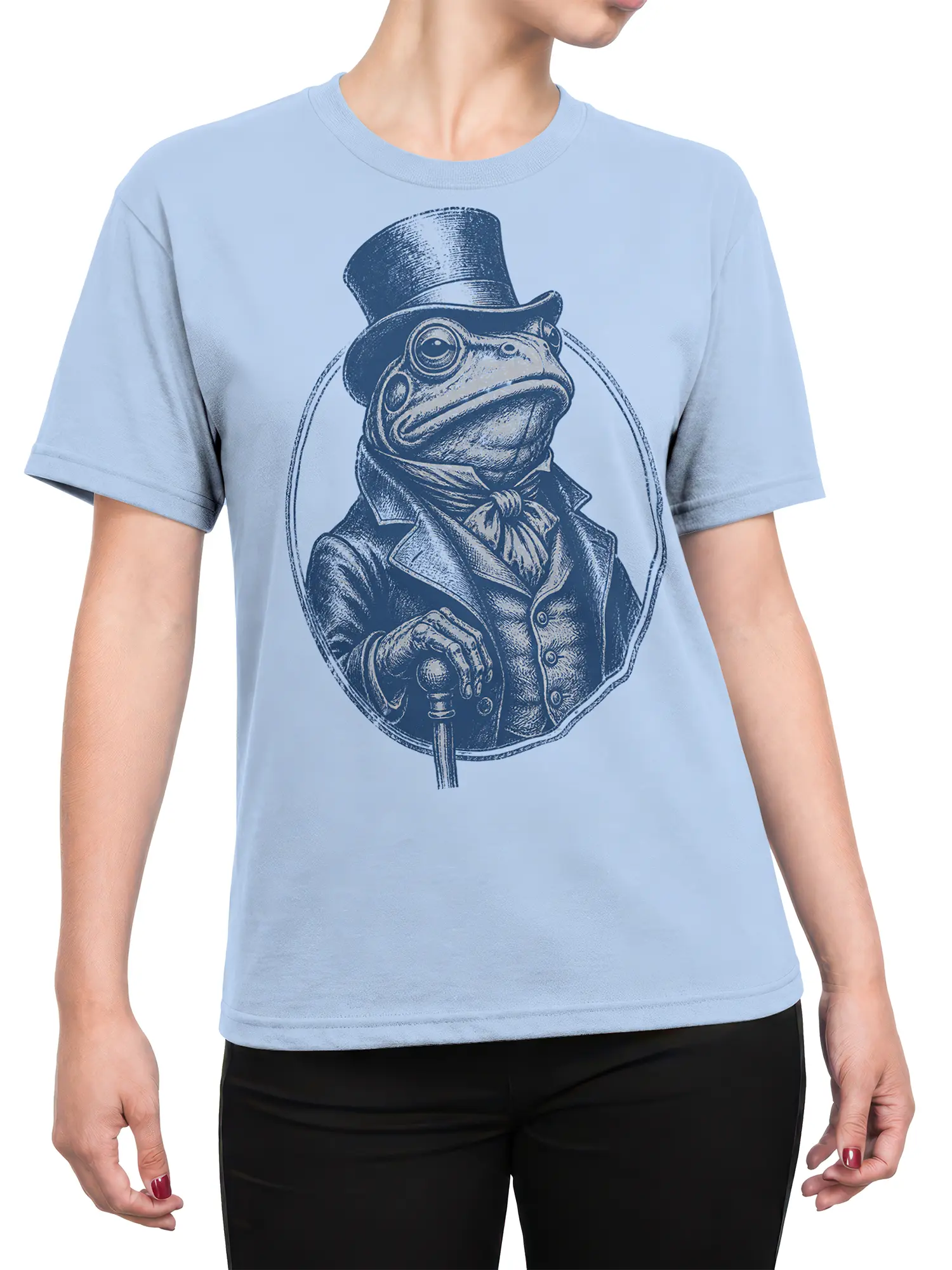Female torso wearing a light blue T-shirt with a vintage dapper frog gentleman in a top hat and formal coat