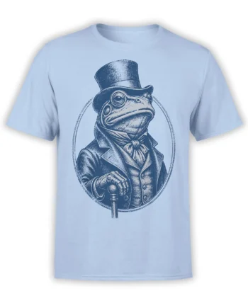 Light blue T-shirt with a vintage engraving of a dapper frog in a top hat, formal coat, scarf, bow tie, and holding a cane