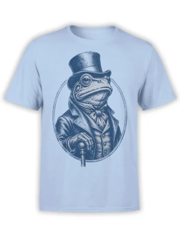 Light blue T-shirt with a vintage engraving of a dapper frog in a top hat, formal coat, scarf, bow tie, and holding a cane