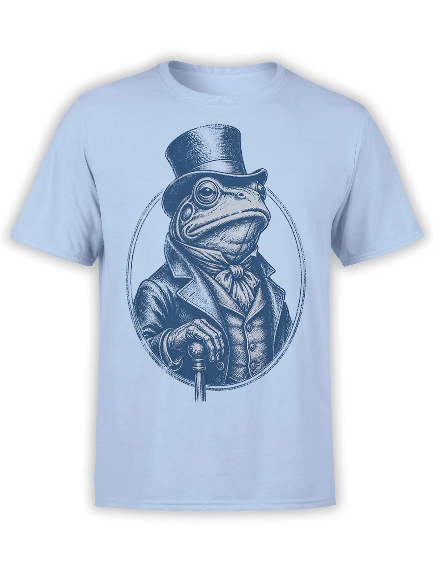 Light blue T-shirt with a vintage engraving of a dapper frog in a top hat, formal coat, scarf, bow tie, and holding a cane