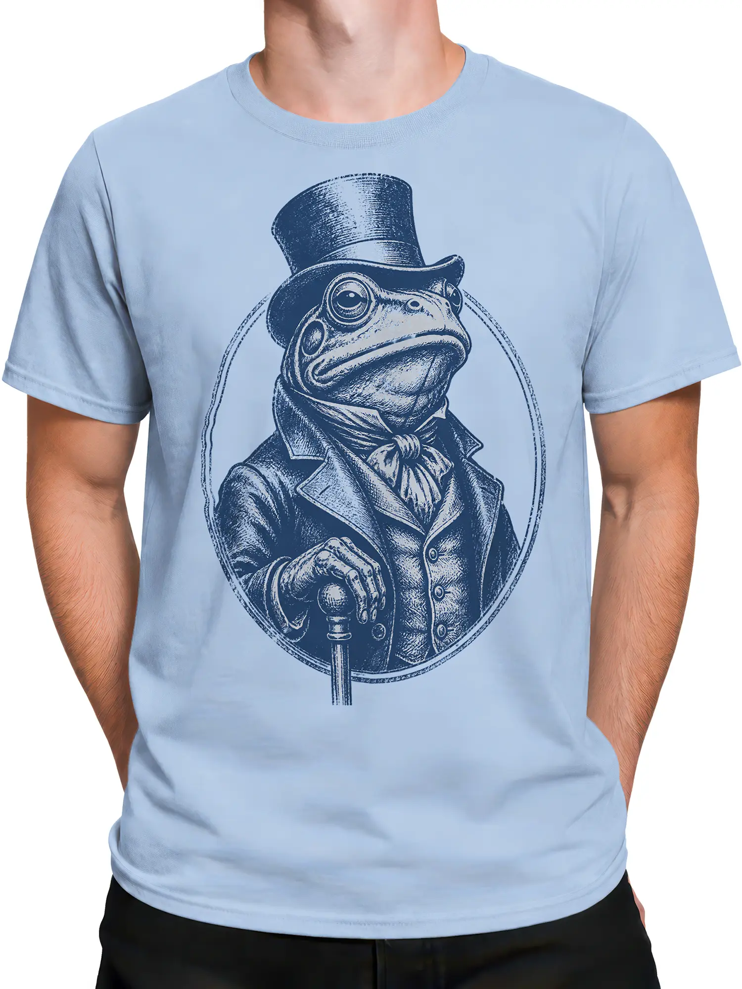 Male torso wearing a light blue T-shirt with a vintage frog gentleman in a top hat, scarf, bow tie, and formal coat