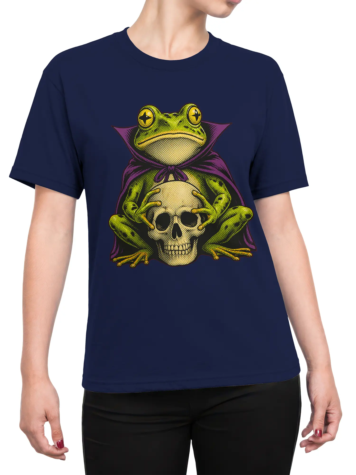 Female torso wearing a navy frog t-shirt with a caped green frog and skull graphic