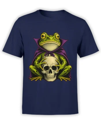 Caped green frog holding a skull on a navy shirt in bold vintage comic-style artwork