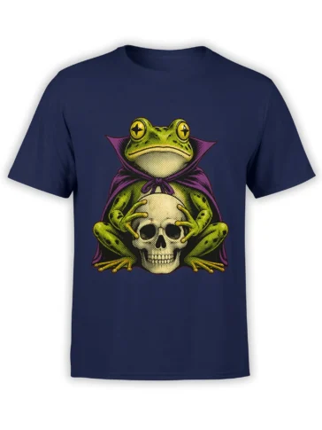 Caped green frog holding a skull on a navy shirt in bold vintage comic-style artwork