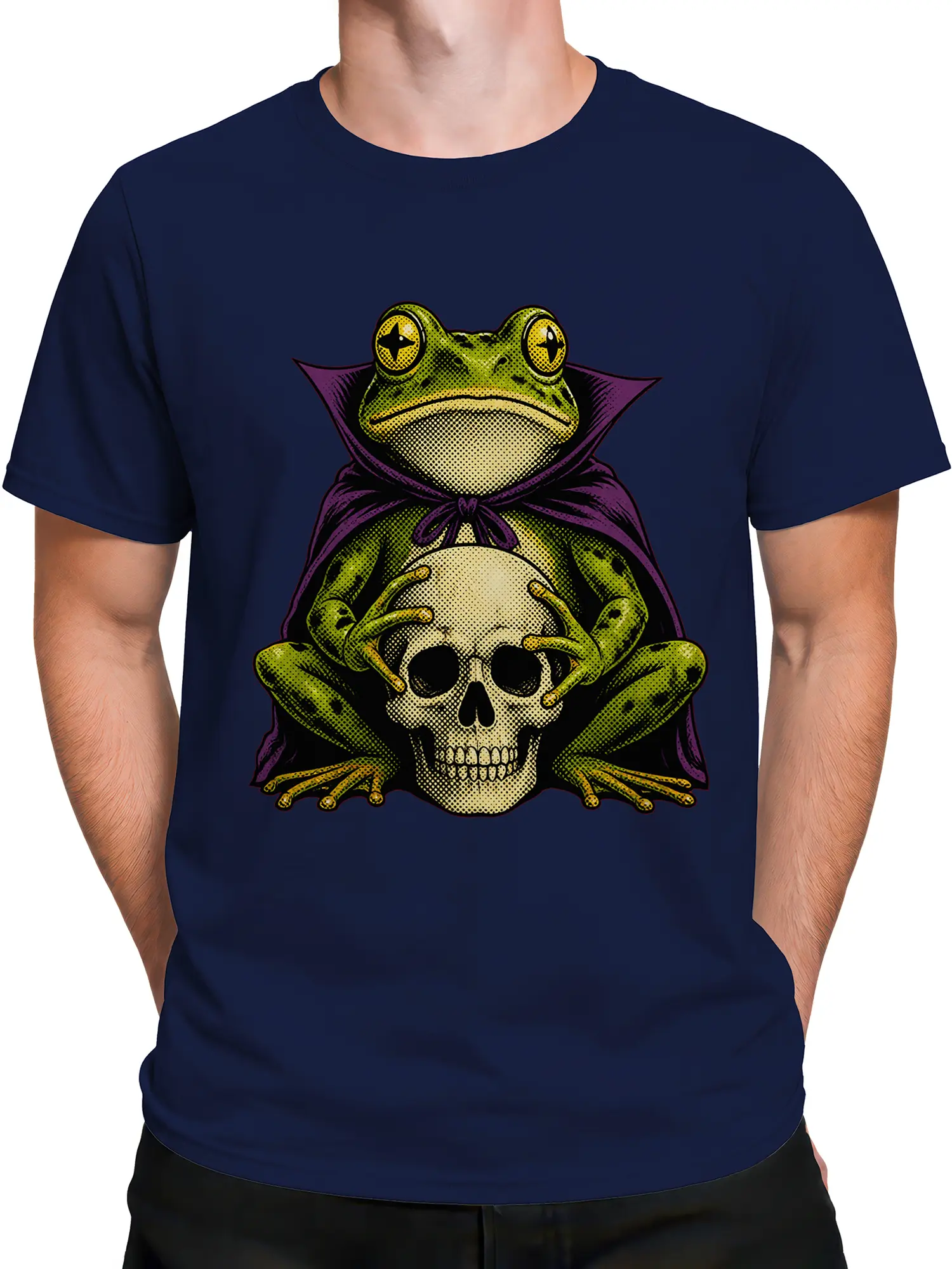 Male torso wearing a navy frog t-shirt with a purple-caped frog holding a skull