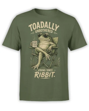 Green frog T-shirt with a relaxed frog in sunglasses, a mug, and the words Toadally Unbothered