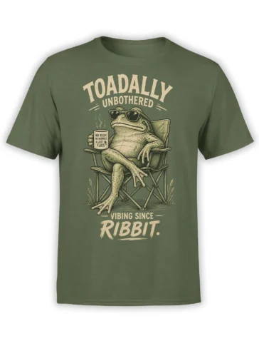 Green frog T-shirt with a relaxed frog in sunglasses, a mug, and the words Toadally Unbothered