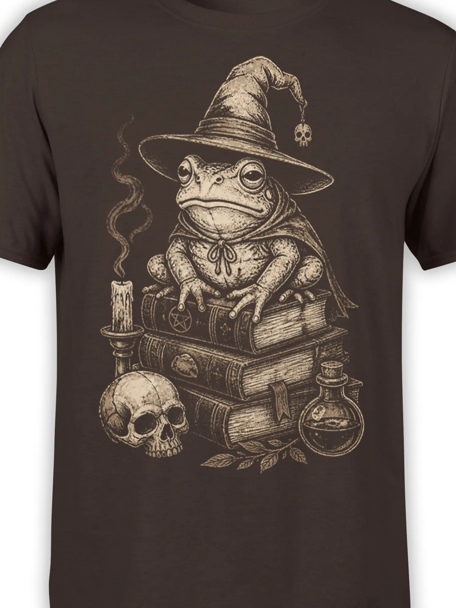 Close-up of the frog wizard, pointed hat, stacked books, skull, and potion artwork on a brown shirt