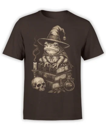Vintage frog wizard wearing a pointed hat and cape, seated on books with a skull, candle, and potion on a brown shirt