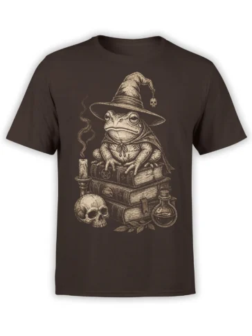Vintage frog wizard wearing a pointed hat and cape, seated on books with a skull, candle, and potion on a brown shirt