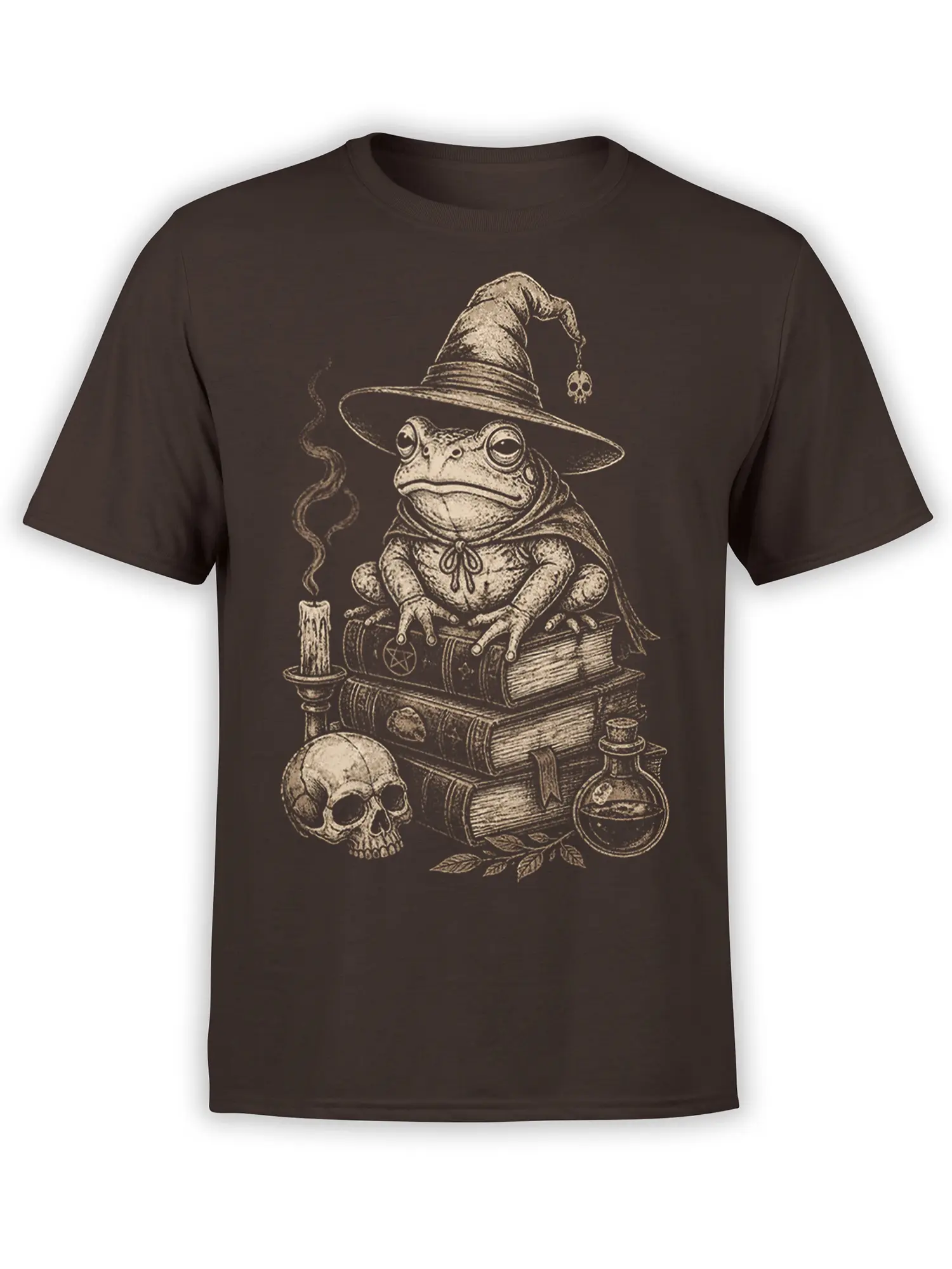 Vintage frog wizard wearing a pointed hat and cape, seated on books with a skull, candle, and potion on a brown shirt