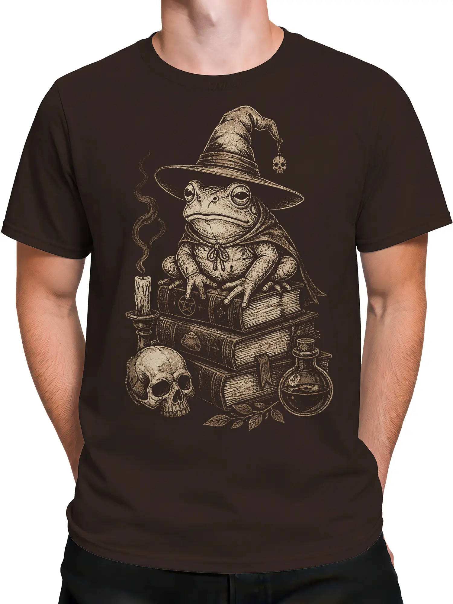 Male torso wearing a brown shirt with a vintage frog wizard and mystical book scene