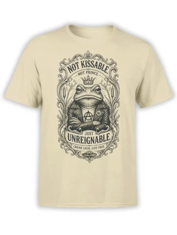 Beige T-shirt featuring a crowned punk frog in a studded jacket with ornate vintage lettering and a rebellious message