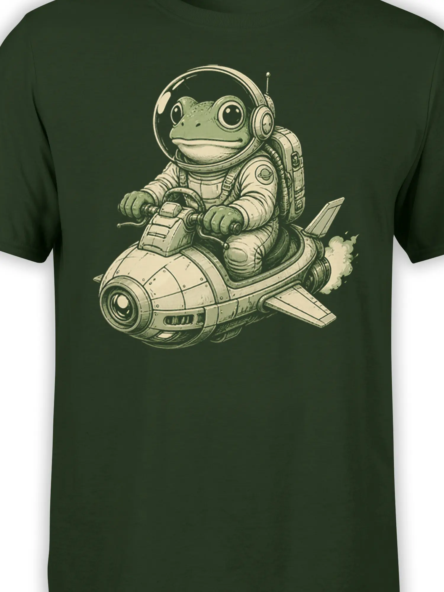 Close-up of frog astronaut and retro rocket artwork on dark green T-shirt