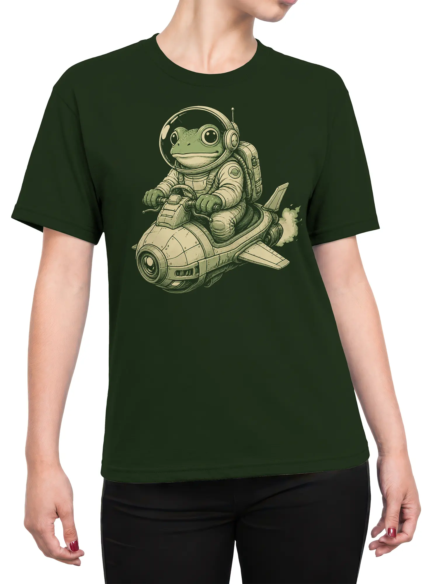 Female torso wearing a dark green frog astronaut rocket graphic T-shirt