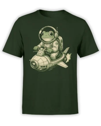Retro frog astronaut riding a rocket vehicle on a dark green T-shirt