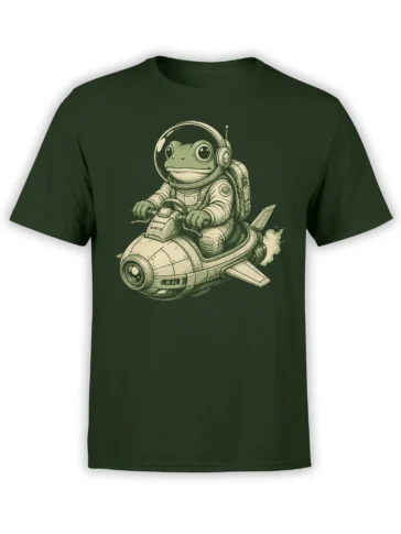 Retro frog astronaut riding a rocket vehicle on a dark green T-shirt