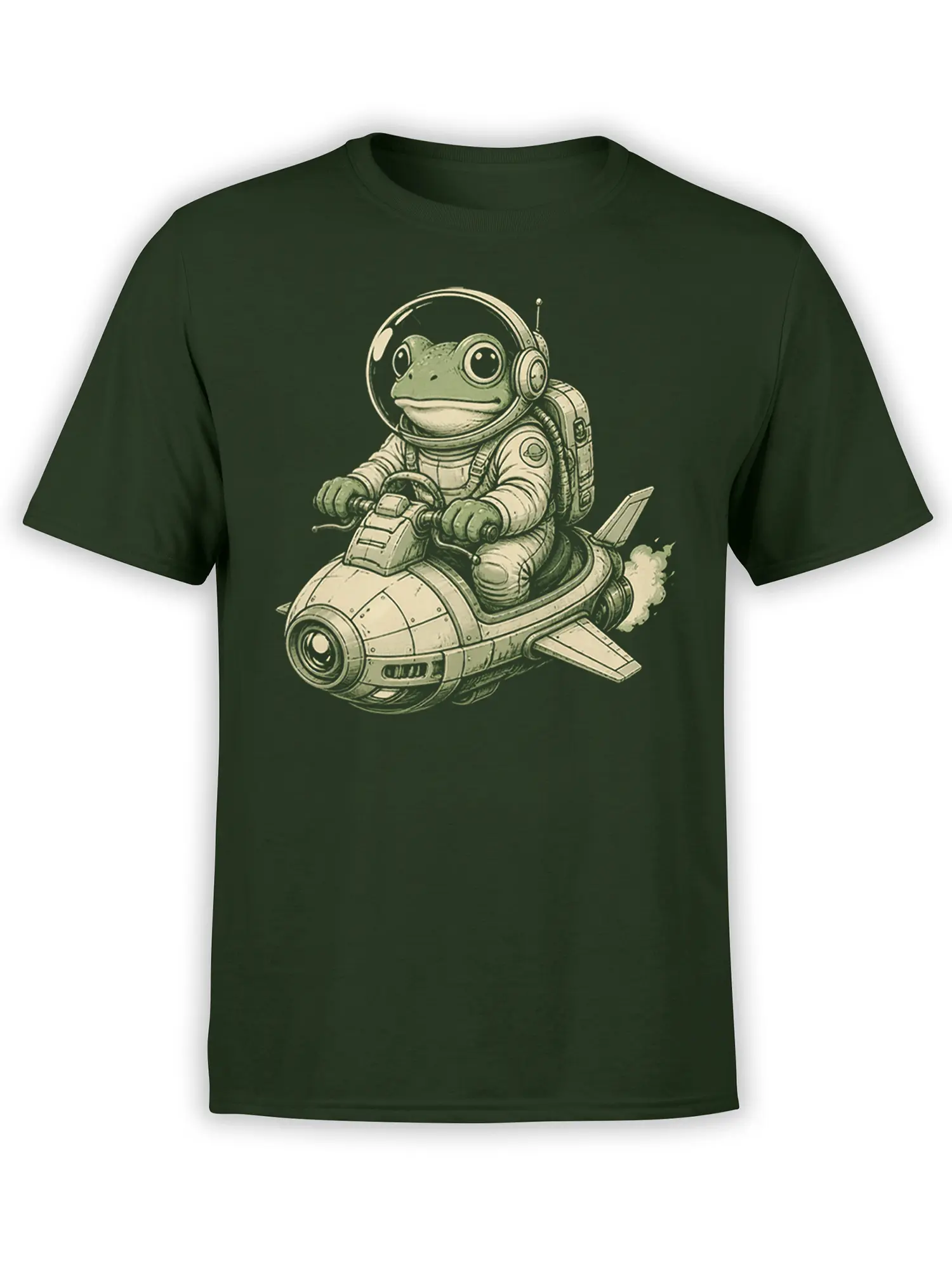 Retro frog astronaut riding a rocket vehicle on a dark green T-shirt
