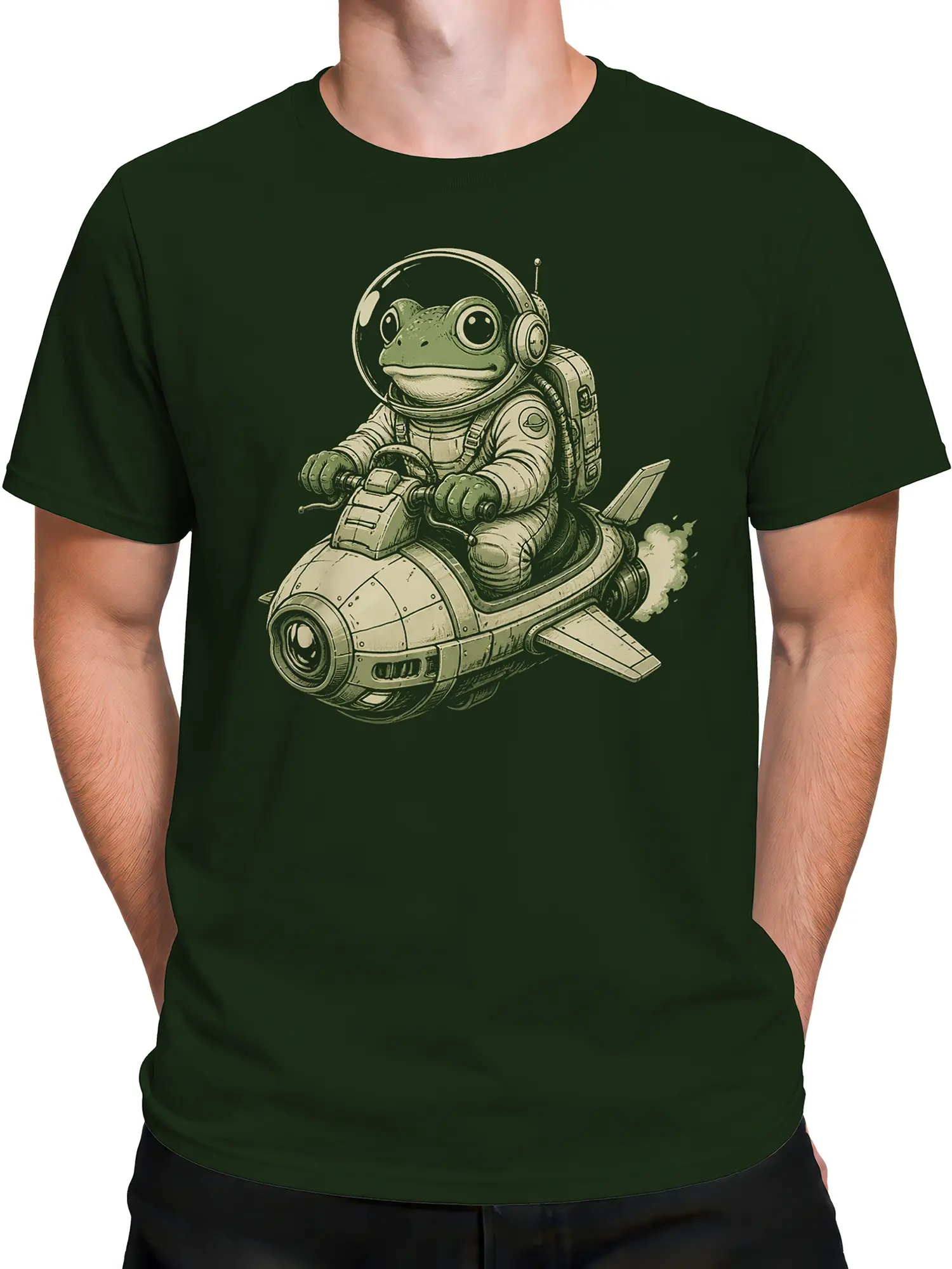 Male torso wearing a dark green frog astronaut rocket graphic T-shirt