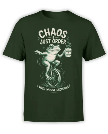 Dark green T-shirt with a frog riding a unicycle and holding a mug labeled Handling It Anyway