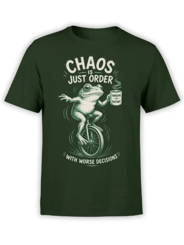Dark green T-shirt with a frog riding a unicycle and holding a mug labeled Handling It Anyway