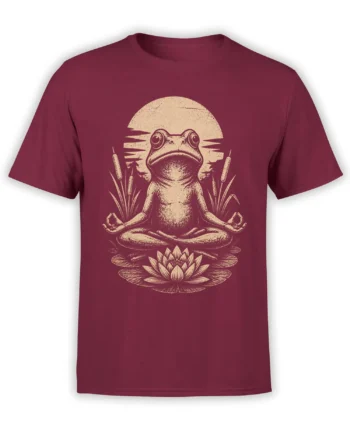 Medicating frog sitting on a lotus pond beneath a moon on a burgundy graphic T-shirt