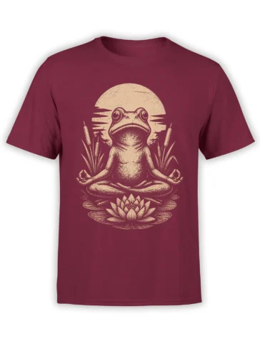 Medicating frog sitting on a lotus pond beneath a moon on a burgundy graphic T-shirt