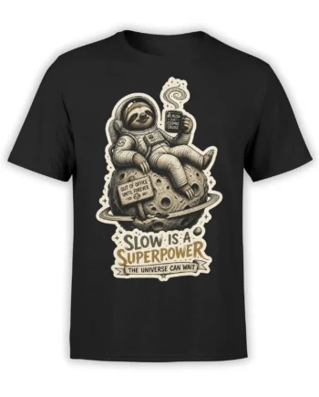 Black T-shirt with a relaxed sloth astronaut on a ringed planet and “Slow Is Superpower” text