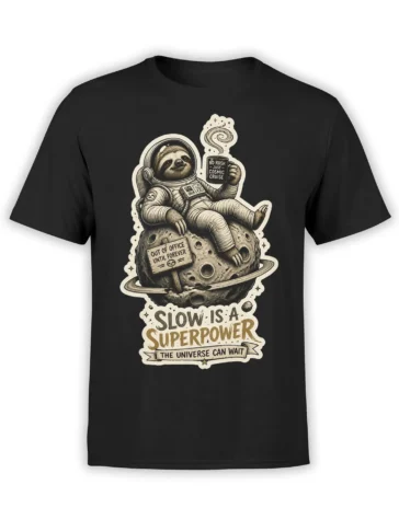 Black T-shirt with a relaxed sloth astronaut on a ringed planet and “Slow Is Superpower” text