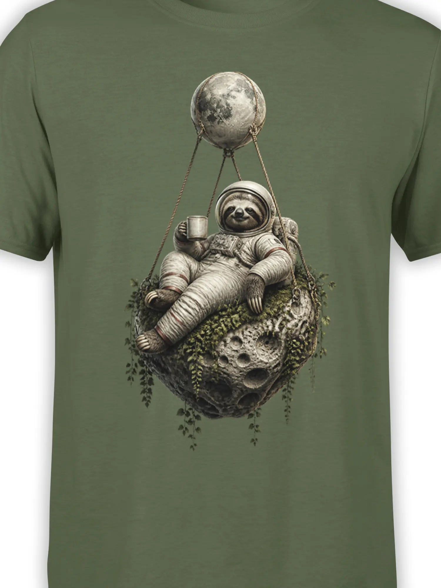 Detailed sloth astronaut graphic on an olive green shirt with ropes, vines, rocky texture, and a cup
