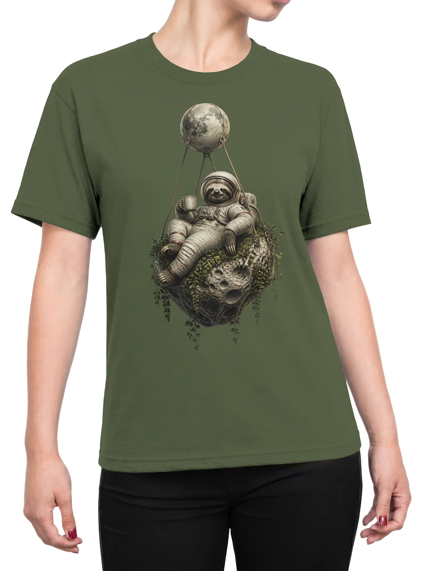 Female torso wearing an olive green T-shirt with a sloth astronaut resting on a floating rocky world